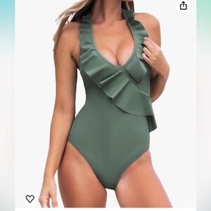 CUPSHE Women's One Piece‎ Halter V Neck Ruffle Backless Swimsuit New Large